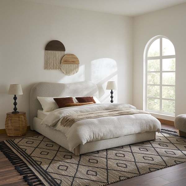 upholstered bed frame, bedroom furniture, platform bed, modern bed, queen bed, brand awareness, lifestyle, minimalist, calm, trustworthy, neutral, brown